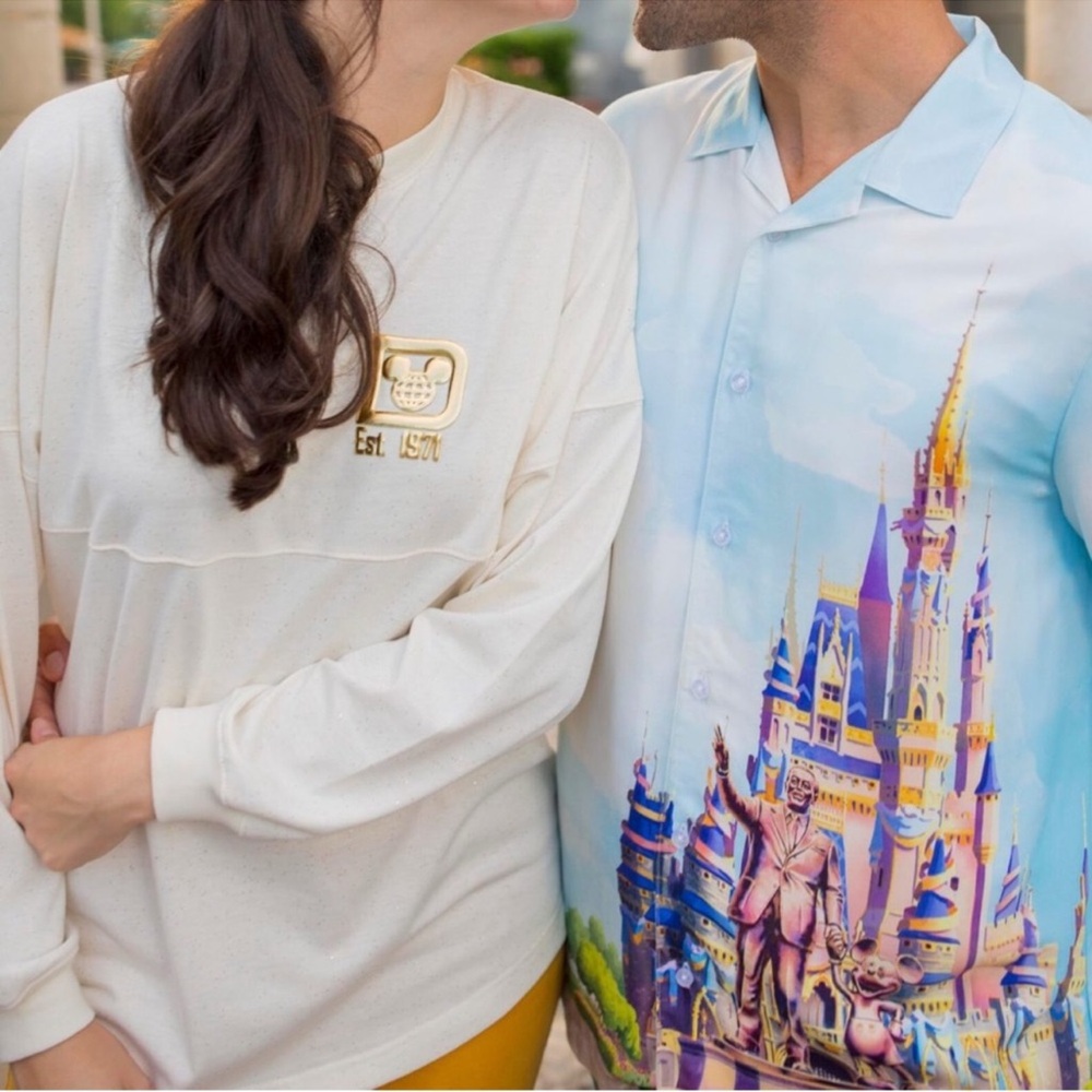 Disney WDW Golden Logo Pink & Gold Spirit Jersey Top L Limited Glittery Sprinkle